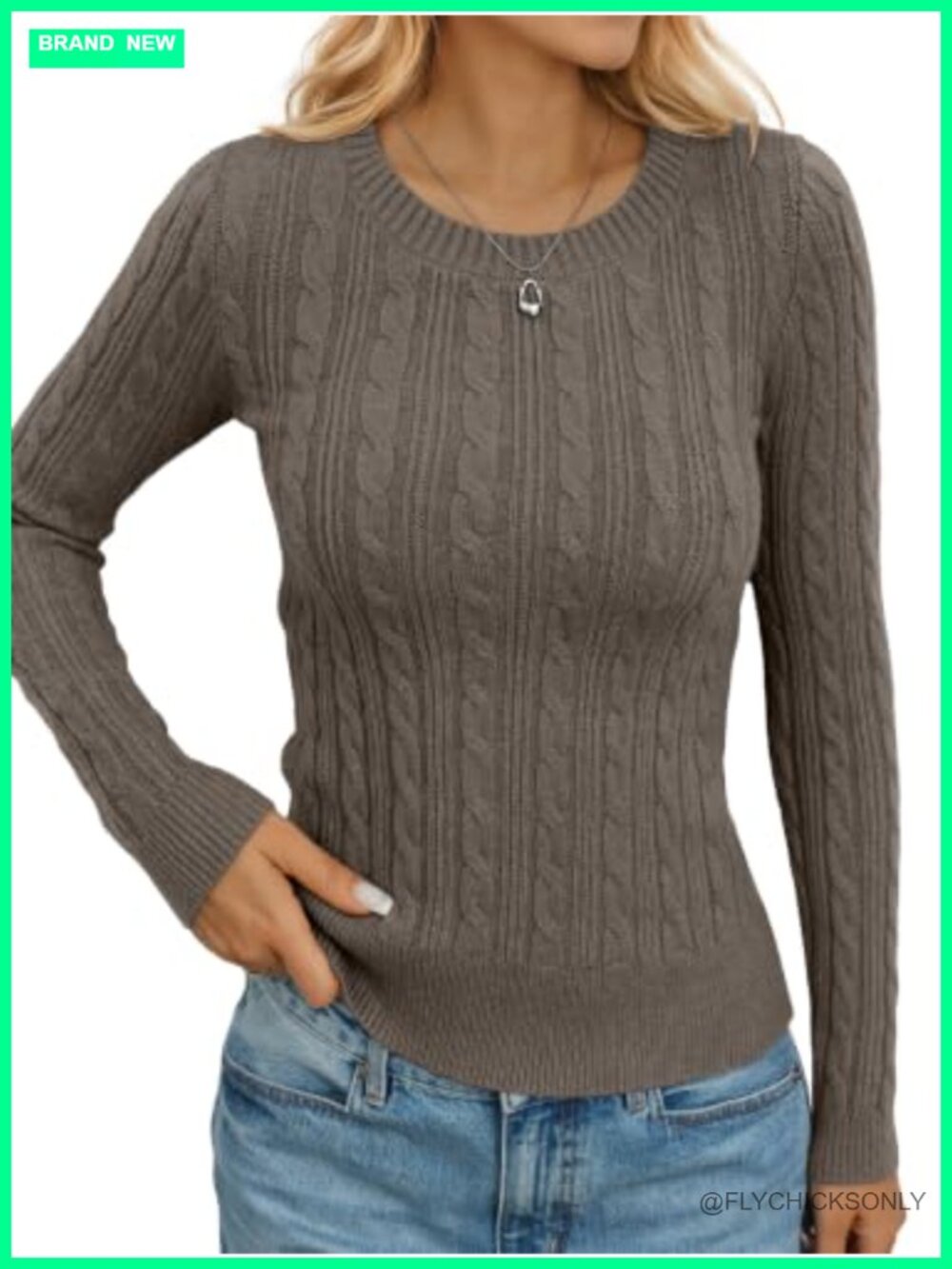 Womens Crew Neck Cable Knit Sweater Fitted Chunky Pullover Viscose Blend